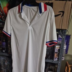 White Polo Shirt with Red and Blue Accents